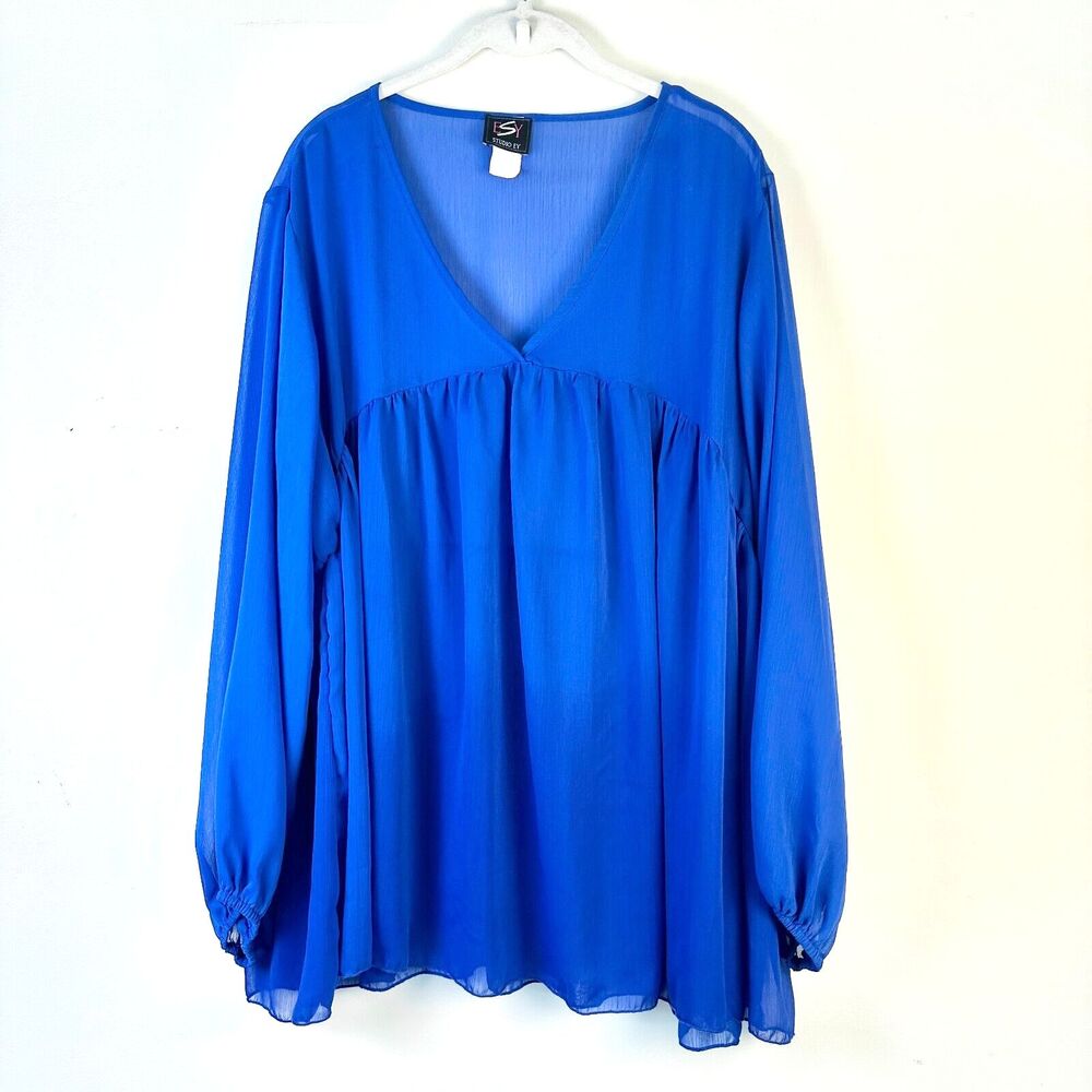 STUDIO EY Blouse Women XL Cobalt Blue Bright Flowy Sheer Boho Peasant Top